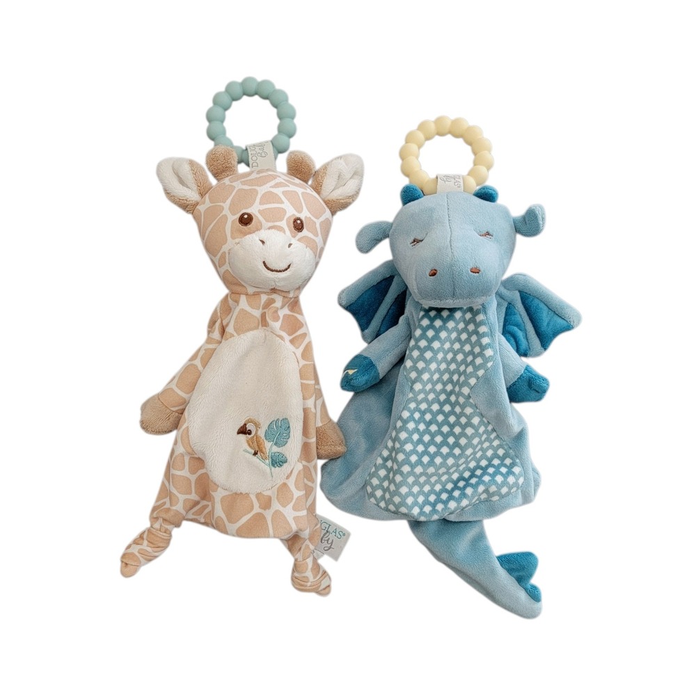 Douglas Baby Plush Lovey Teether Lot 2 Dragon Giraffe Blue Tan Plush Soother